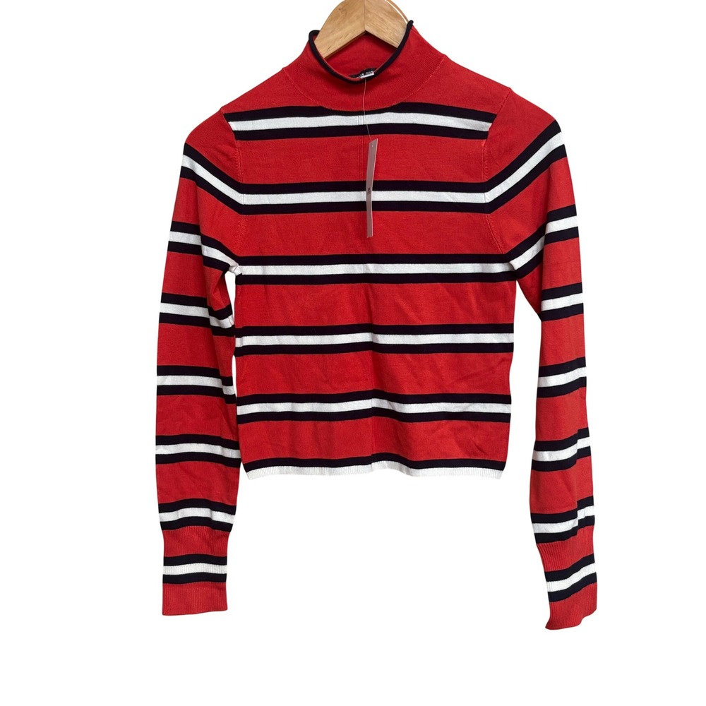 NWT Urban Outfitters Striped Mock Neck Cropped Sweater Red Black White L